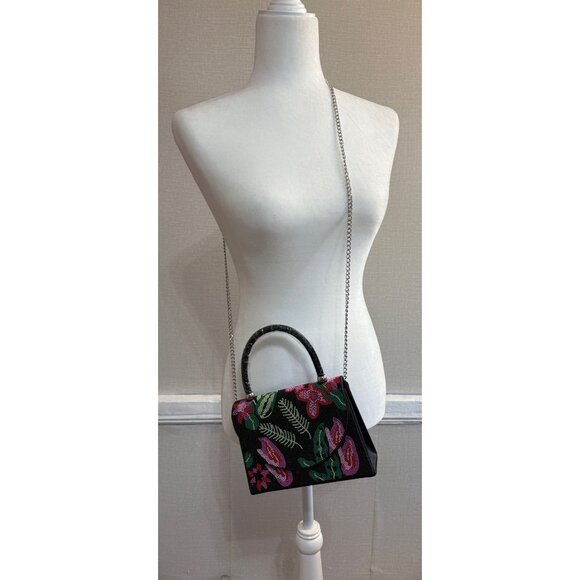 NWT Savanna Beaded Floral Black Handbag With Chain Strap & Top Handle - Picture 6 of 6